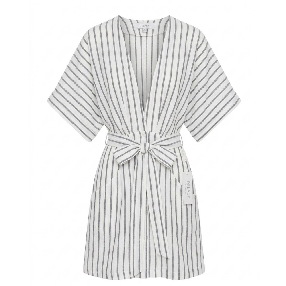 DELACY‎ Los Angeles Fae Striped Mini Dress White Blue V-Neck Tie Waist Small NWT